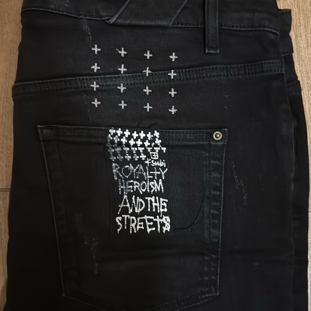 KSUBI MENS DESTROYED PATCHWORKED BLACK JEANS SIZE 38 - Picture 2 of 4